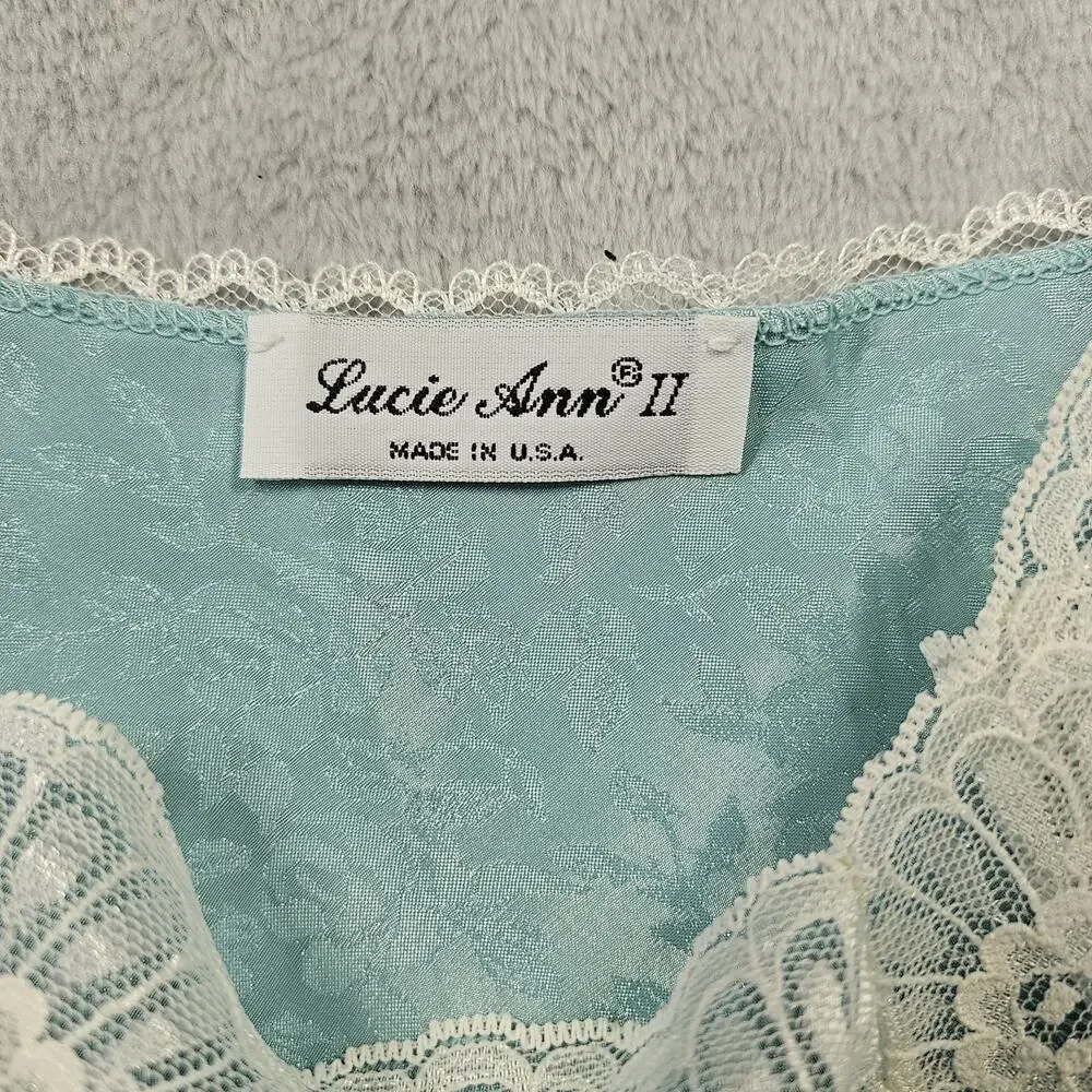 Vintage Lucie Ann II Nightgown Womens M‎ Blue Floral Satin Lace Bridal Lingerie